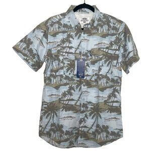 AFTCO Fishing Shirt Mens Small Blue Palm Tree Print Aftech UPF 30 NEW
